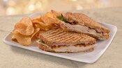 A plated panini sandwich with chips