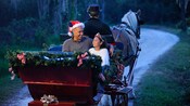 Un papa portant un chapeau de père Noël et sa fille déguisée en princesse montant dans un traîneau