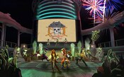 Pirate concert on a cruise ship and a big screen with text that says ‘Pirates Rockin Parlay Party’