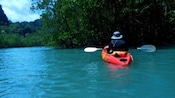 A Guest paddles a kayak through the Kubang Badak River beside a mangrove forest