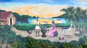A mural of people cooking in a pot on the side of D’Coal Pot restaurant