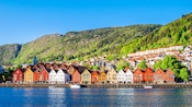 Waterfront buildings lining the shoreline in front of a large mountain range