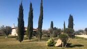 Un edificio rodeado de jardines ornamentales y cipreses altos