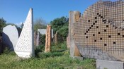 Modern stone sculptures in an outdoor garden