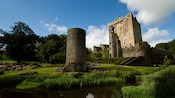 The Blarney Castle made of stone and watchtower near the water with trees and foliage