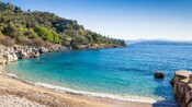 A cove with a beach, flanked by a forested hill