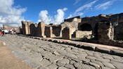 Visitors exploring an ancient stone street lined with ruins in the archaeological site of Pompei