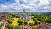 The medieval Salisbury Cathedral rising above the city of Salisbury, England