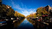 Edificios y casas flotantes en ambos lados de un canal arbolado en Ámsterdam, Países Bajos