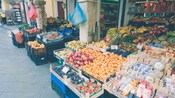 A shop with produce displayed outside in Corfu, Greece