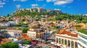 The Acropolis of Athens above the neighborhood of Monastiraki in Athens, Greece