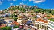 The Acropolis of Athens above the neighborhood of Monastiraki in Athens, Greece