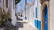 A cobblestone alleyway in Koskinou village, Rhodes, Greece, lined with traditional houses