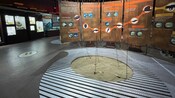An interactive art exhibit with sand and brushes in the middle of the floor at Caracol Museo de Ciencias