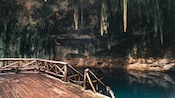 Uma plataforma de madeira à beira de um cenote natural, cercado por paredes de caverna de calcário