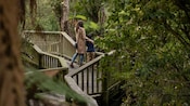A woman with her son on a winding wooden boardwalk in a dense forest