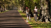 Two Guests on bicycles resting on the side of a road lined with trees