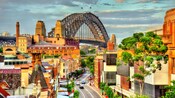 The Rocks neighborhood in Sydney, Australia with the Sydney Harbour Bridge in the distance