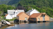 Small waterfront houses surrounded by a forested landscape in Maloy, Norway