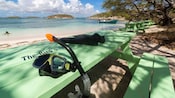 Snorkeling equipment sitting on a table on the beach in Saint John’s, Antigua