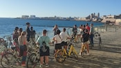 A group of people standing near bicycles by the water in Cadiz, Spain