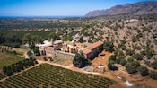 A historical stone monastery surrounded by vineyards and hills