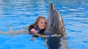 A girl hugs a dolphin in the water