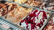 Filas de sabores especiales en una tienda de gelato en Civitavecchia, Italia