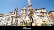 The Fountain of Four Rivers in front of the Church of Sant Agnese in Agone at the Piazza Navona, with text below that says 'National Geographic Day Tours'