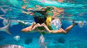 A person making a heart shape with their hands while snorkeling underwater in Cozumel, Mexico