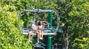 A couple sitting in an open gondola gliding through a forest