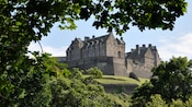 Los árboles ocultan una parte de la vista del Castillo de Edimburgo, que se encuentra en una colina con césped