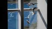 Um móbile pendurado com gaivotas em frente a uma janela com vista para o mar