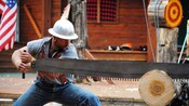 A lumberjack sawing a log