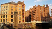 The waterfront Warehouse District in Hamburg, Germany with ornate brick buildings