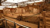 Ruins from the ancient city of Ephesus in Turkey beneath scaffolding