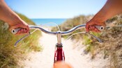 2 hands holding the handlebars of a bicycle traveling toward a beach