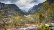 A river flowing through a wooded valley, surrounded by rocky mountains
