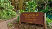 Visitantes caminhando por uma trilha na selva ao lado de uma placa de indicação da Fern Grotto no Parque Estadual do Rio Wailua