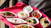 An assortment of small dishes on a tray featuring foods such as hummus, tzatziki and babaganoush