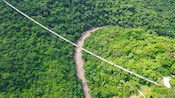 A bird’s eye view of a group of UTVs crossing a suspension bridge over a river