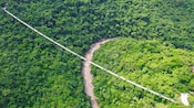 Vista aérea de un grupo de vehículos UTV cruzando un puente colgante sobre un río