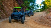 A group of people driving off road vehicles on a dirt road