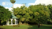 A gazebo in a leafy park setting