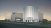 A contemporary building with a stylized sign that reads ‘Fly Over Iceland’