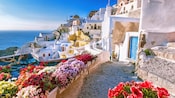 Homes called cave houses overlooking the Mediterranean Sea in Santorini, Greece