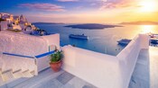 A terrace overlooking the water in Santorini