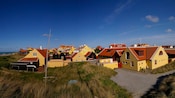 A group of similar looking houses surrounded by grassy dunes