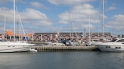 Barcos de recreo atracados en un muelle con edificios en el fondo