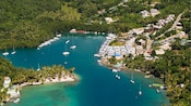 An aerial view of boats moored at the harbor in Marigot Bay, St. Lucia